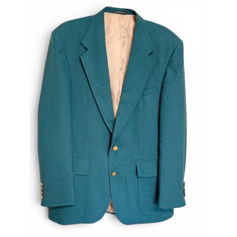 Andhurst Mens Teal Blue Vintage Blazer Jacket Gold Crest Buttons Made in USA 42L